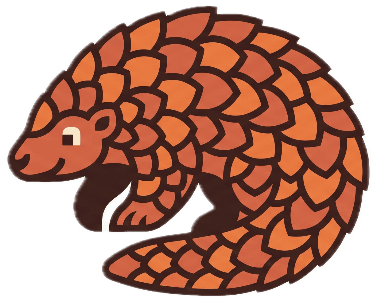 Scales, the HRD Pixels mascot — a pangolin curled mid-roll